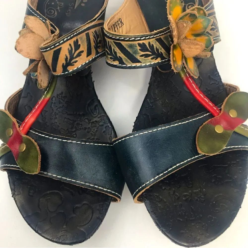 Spring Step Tooled Leather Colorful Flower Slip On Wedge Sandals - Picture 3 of 13